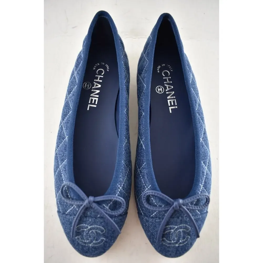 Chanel 26P Washed Denim Blue Quilted CC Logo Bow Tie Ballet Ballerina Flat 35 - Picture 13 of 16